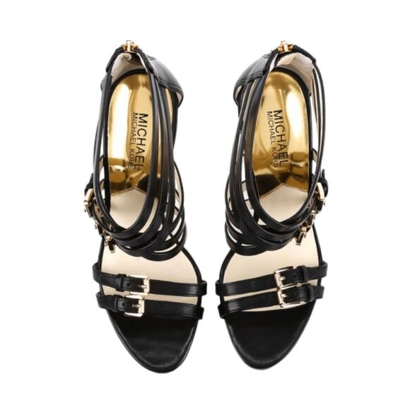 Michael Kors Black Leather Gold Buckle Ava Platform Strappy Heels Size‎ 9.5 - Picture 2 of 15